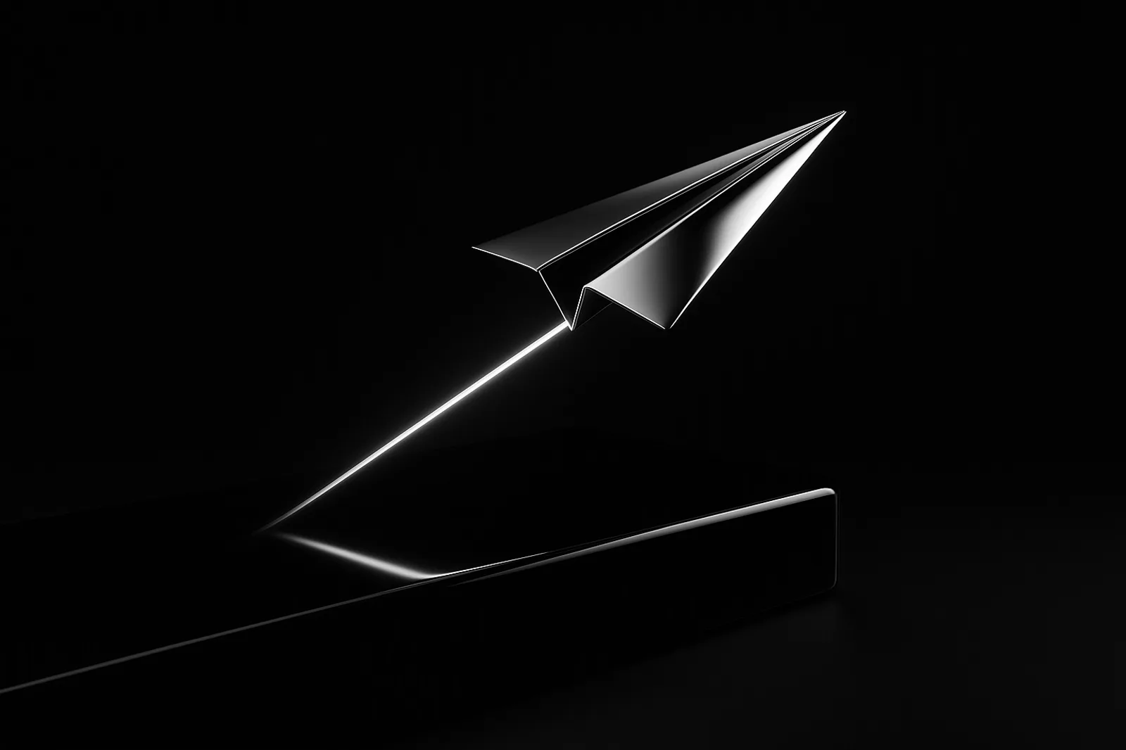 Avión de papel de cromo despegando de una pista de cristal negro