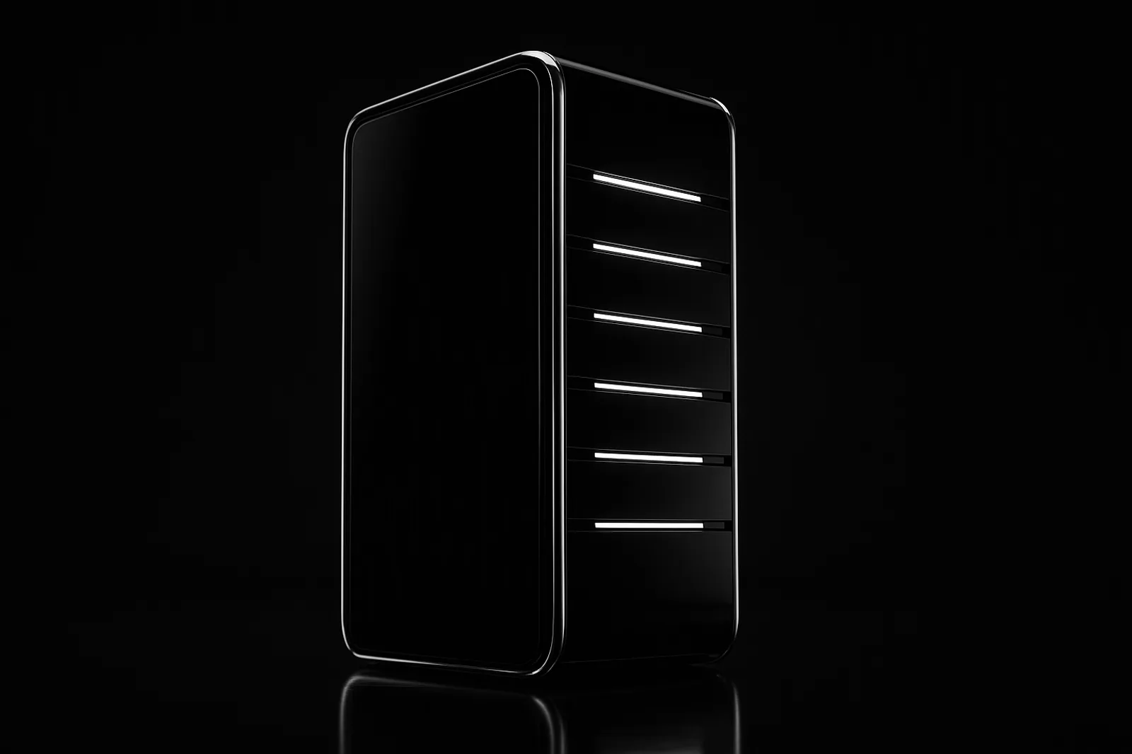 Torre de servidor de cristal negro con franjas de luz blanca